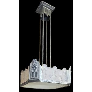 Art Deco Chandelier With 4 Decorative Gymnasium Panels, Signed Costebelle