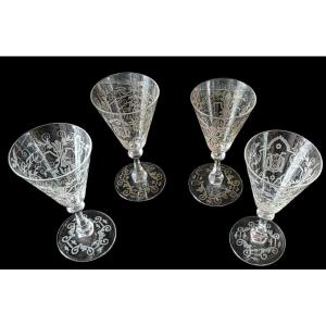 Lobmeyr Vienna 4 Glasses On Foot 19th Crystal Cut To The Wheel
