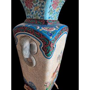 Longwy Vase Emals Mounted In Square Section Lamp In Earthenware With Polychrome Decoration
