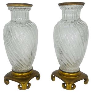 Baccarat Pair Of Crystal Vases Mounted On Bronze Gold XIXth