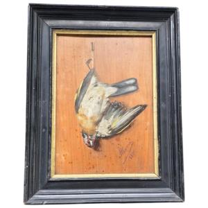 Oil On Wood Trompe l'Oeil Goldfinch Sparrow Signed Marie 1880