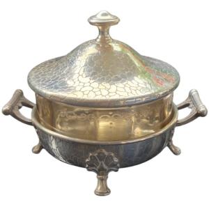 Wmf Antique Butter Dish In Silver-plated Metal And Iridescent Glass Circa 1930