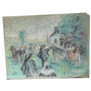 Mathurin Méheut Dans Le Goût Gouache Fete Au Village Bretonne Antique Pastel In The Taste