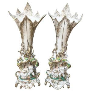Pair Of Large Gilded And Polychrome Paris Porcelain Vases 19th Century