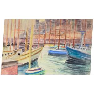Watercolor Marine Scene Of A Port 52x64