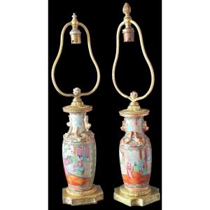 Famille Rose Porcelain Vases Mounted In Lamp 19th Century
