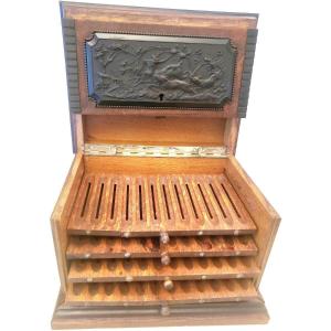 Carved Wood Cigar Box With 5 Shelves, Ebony Hunting Scene
