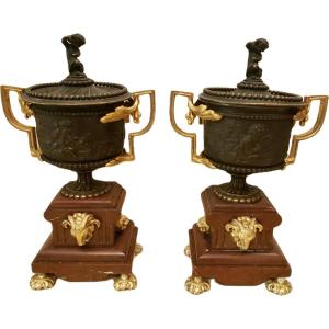 Pair Of Bronze And Turquoise Marble Cassolettes 19th Century