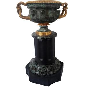 Vase Warwick Sur Piédestal Grand Tour Deux Patines Bronze Et Marbre XIXeme