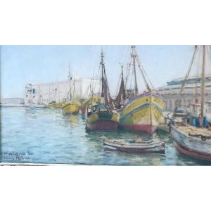 Gouache Port Of Malaga Spain Signed