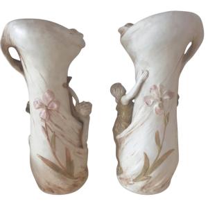 Royal Dux Pair Of Beige And Green Ceramic Vases 42 Cm High