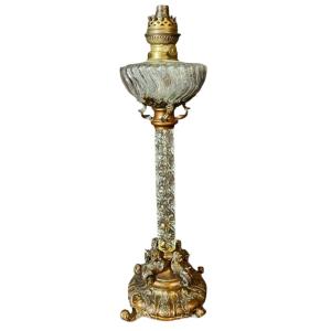 Baccarat Cut Crystal Column Oil Lamp 19th Century