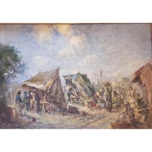 Oil On Canvas Orientalist Market In Algiers Italian School Signed