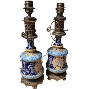 Ulysse A Blois Pair Of Electrified Earthenware Kerosene Lamps