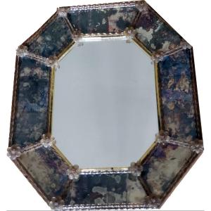 Murano Venice Mirror With Gold Glitter Bezels And Eglomized Glass Circa 1950