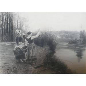 Daniel Ridgway Knight Pencil Drawing Charcoal American School 19th Century