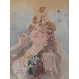 Auguste Leroux Watercolor Orientalist Woman In Profile With Cigar 1898