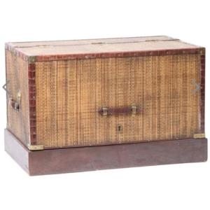 Travel Cot Trunk Circa 1900, Woven Bamboo And Leather Interior Storage
