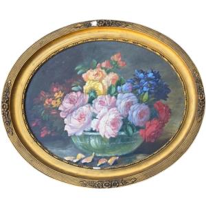 Oil On Panel Art Deco Rose Bouquet Circa 1930