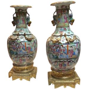 Pair Of Ormolu-mounted Famille Rose Canton Vases 19th Century