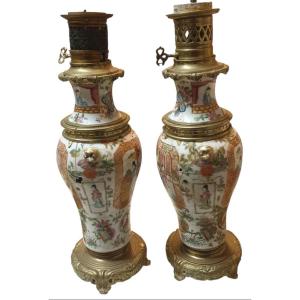 Pair Of Canton Porcelain And Gilt Bronze Lamps To Restore 19th Century