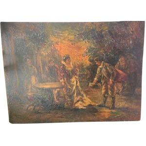 Monticelli Elegants In A Park Oil On Walnut Panel