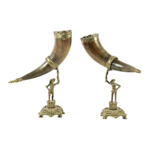 Pair Of Horns Of Plenty In Natural Horn, Gilt Bronze Mount 19th C.
