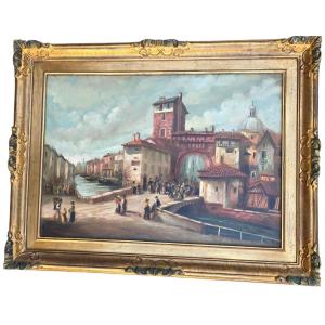 Italian School Milan Landscape Animated Characters Door Ticenese In Milan