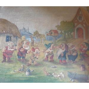 Oil On Canvas Walt Disney The Seven Snow White Dwarfs Circa 1940/1950