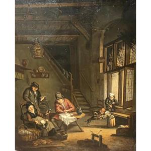 Teniers Oil On Oak Panel 18th Century Interior Scene