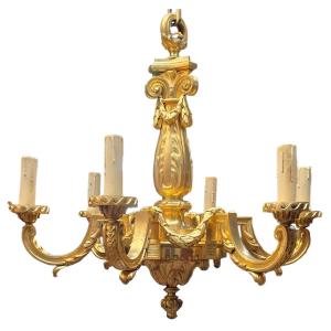 Magnificent Gilded Bronze Chandelier In The Louis XVI Restoration Napoleon III Style With 6 Arms Of Light