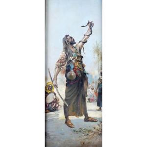 Close To Paul Joanovitch Oil On Orientalist Panel Late Nineteenth The Charmer Of Serpent