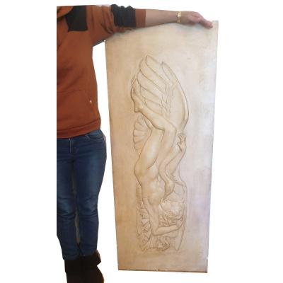 Important Bas-relief Leda And The Swan Art Deco In Patinated Stucco