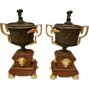 Pair Of Cassolettes In Bronze And Marble Truquin Napoleon III
