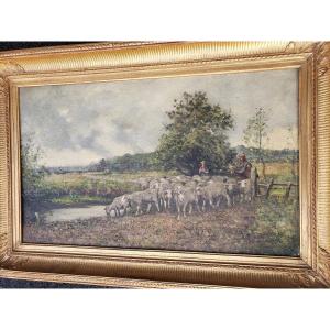 Charles Ferdinand Semain School Of Barbizon Shepherd And His Herd
