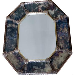 Venice Murano Mirror With Beads Gold Sequins And Eglomisé Glass Circa 1950