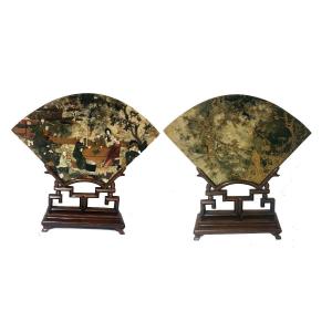 18th Century Literary Screen In Jade And Stones Hard Mother Of Pearl Decor Double Sides