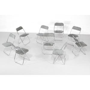 Set Of 9 Chrome Folding Chairs With Fabric From The 1970s.