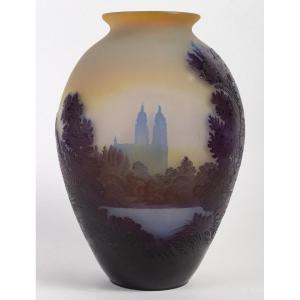 émile Gallé (1846-1904), Rare Cameo Glass Vase « Basilique Saint-nicolas De Port », Circa 1900