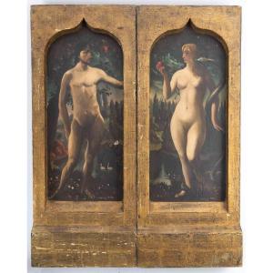 Marcel Gillis (belgium, 20th Century) Adam And Eve, 1931 Diptych, Oil On Panel