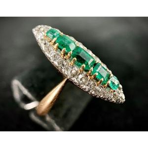 19th Century Silver On Gold Ring Set With 1.20 Carats Of Emeralds And 24 Diamond Roses