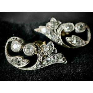 Art Nouveau Earrings In Yellow Gold And Platinum With Fleur De Lys Decor
