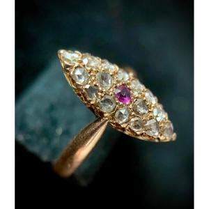 19th Century Marquise Ring Set With A Ruby And Diamond Roses