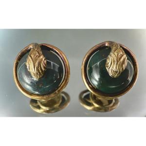 Yellow Gold Earrings Set With Jasper Interwoven With The Body Of A Snake