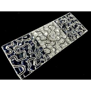 Art Deco Platinum Brooch Set With 2 Carats Of Sapphires And 1.35 Carats Of Diamonds