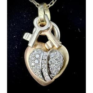 Tricolor Heart-shaped Padlock Necklace Set With 1.50 Carats Of Diamonds