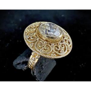 Yellow Gold Ring With Filigree Decoration Set With A Brilliant-cut Diamond Of 3.50 Carats