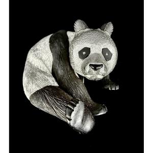 Stylized Panda Brooch By Gallopin In 18-carat White Gold And Ebony Wood