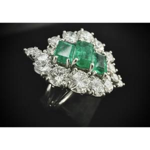 Platinum Ring Set With 3 Emeralds Surrounded By 3 Carats Of Brilliant-cut Diamonds (vs-e/f)