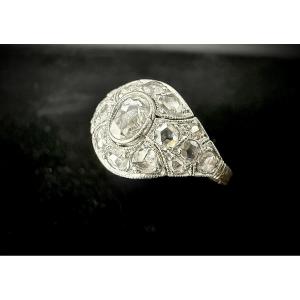 Art Nouveau Ring In Gold And Platinum Set With Rose-cut Diamonds